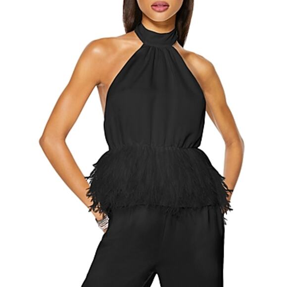 Danni Womens Faux Feather Peplum Halter Top MED NWT